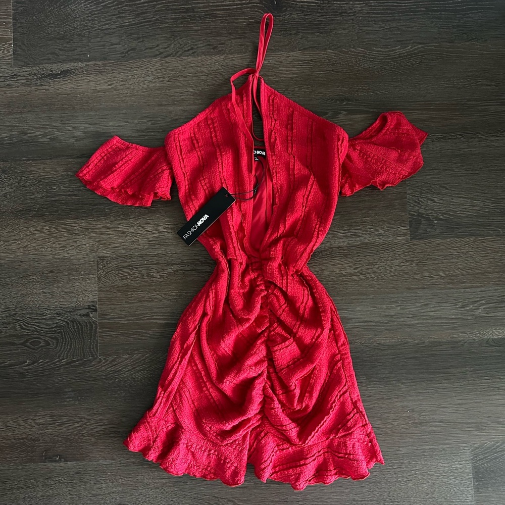 Fashion Nova Red Ruched Cut Out Mini Dress